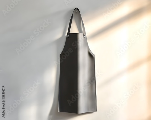 Simple gray apron hanging against a flat white wall with even lighting photo