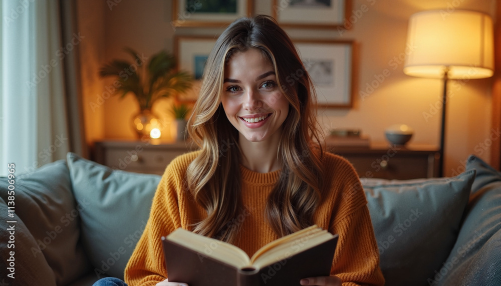 Smiling woman reading a book in a cozy living room with warm lighting.
Smiling woman reading a book in a cozy living room with warm lighting.