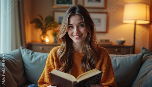 Smiling woman reading a book in a cozy living room with warm lighting. 