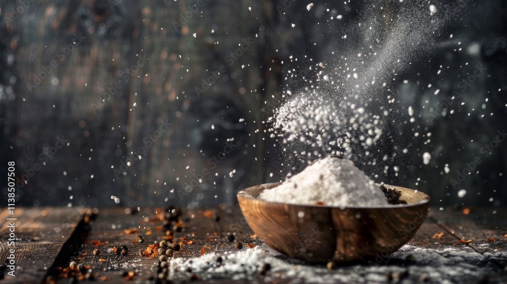 Flour splashing in a wooden bowl on a dark rustic surface Flour splashing in a wooden bowl on a dark rustic surface