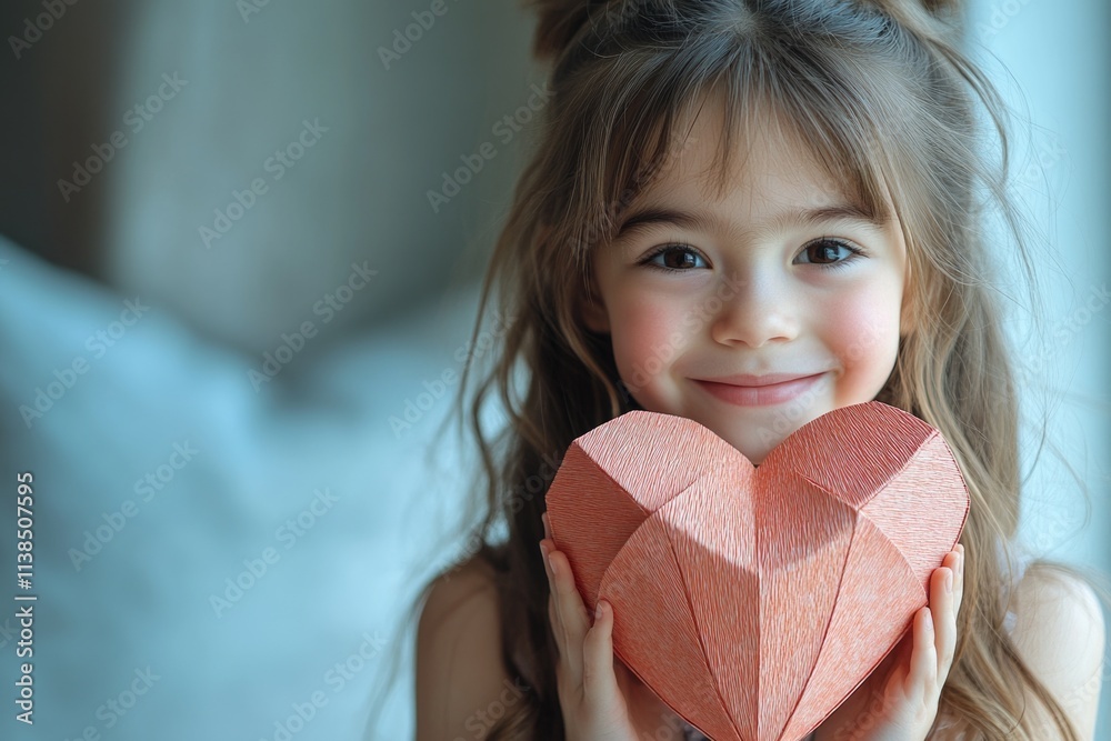 A young child grasping a handmade paper heart, symbolizing love and affection A young child grasping a handmade paper heart, symbolizing love and affection