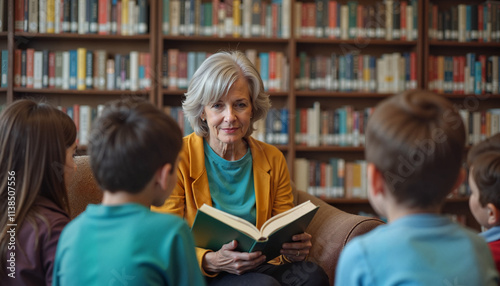 Elderly woman reading a book to children in a library setting 