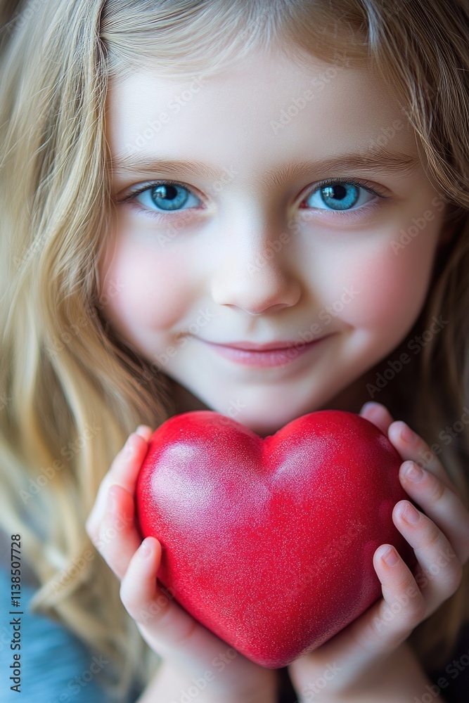 A young child grasping a bright red heart, a symbol of love and affection A young child grasping a bright red heart, a symbol of love and affection