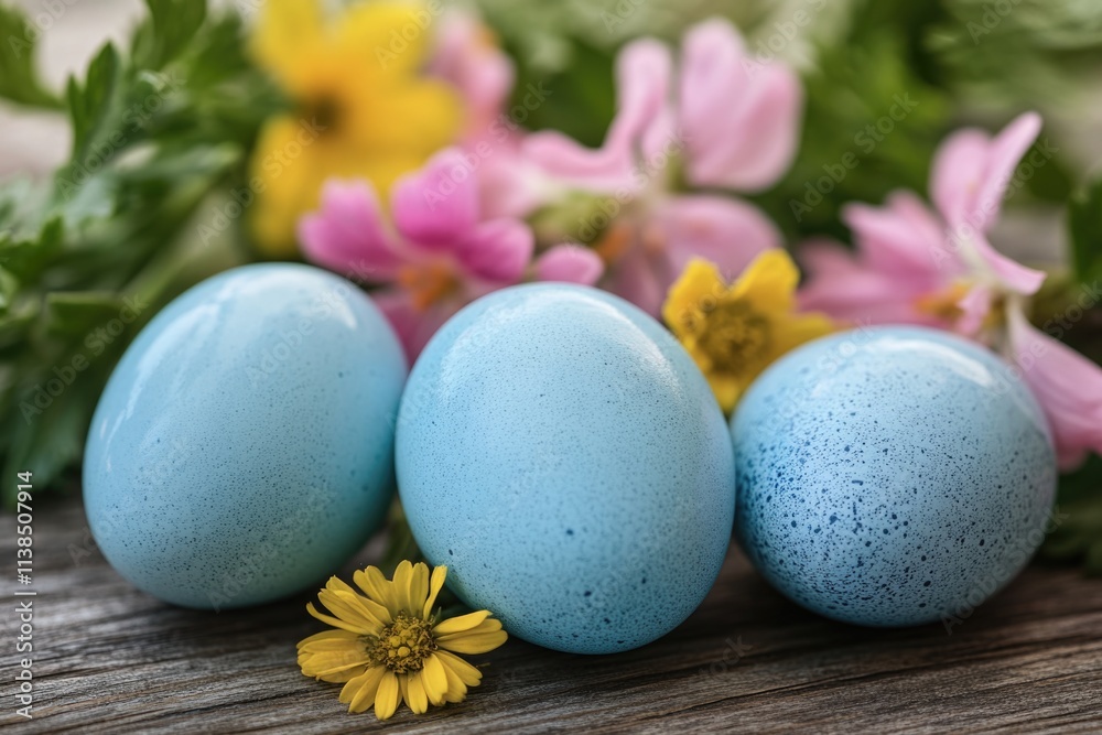Three blue eggs sit on a wooden table, perfect for photography or design projects Three blue eggs sit on a wooden table, perfect for photography or design projects