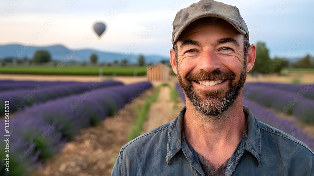 Endless Lavender Field with Hot Air Balloon at Sunrise in Provence Endless Lavender Field with Hot Air Balloon at Sunrise in Provence