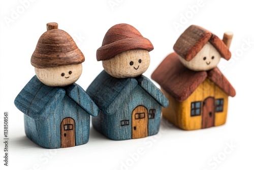 Three wooden figurines depicting a man and a woman, crafted in a rustic style photo