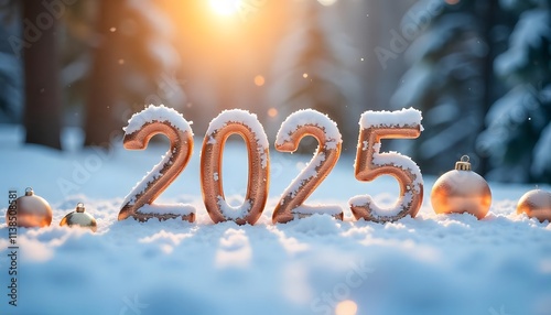 new year 2025 3d written in the snow, winter holidays, landscape greeting card holiday concepts