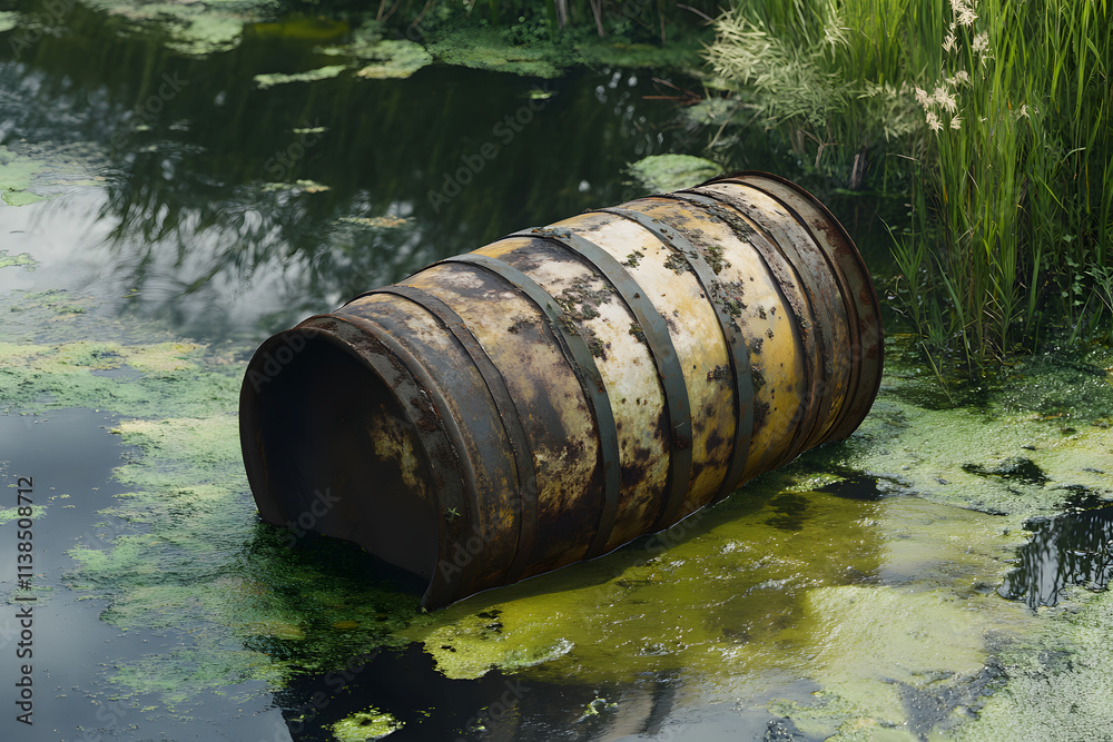 Rusty oil barrel polluting water surrounded by green algae, highlighting environmental contamination, toxic waste disposal, ecosystem damage, water pollution, and industrial impac Rusty oil barrel polluting water surrounded by green algae, highlighting environmental contamination, toxic waste disposal, ecosystem damage, water pollution, and industrial impac