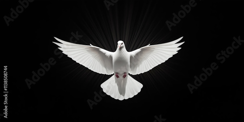 Majestic white dove with spreaded wings with god rays and black backround. 