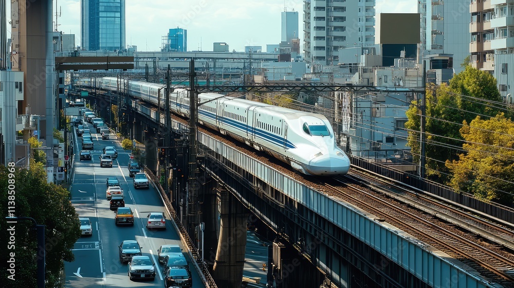 Naklejka premium A high-speed train crossing a steel bridge over a busy highway, with cars below and the train's movement showing its dominance on the tracks