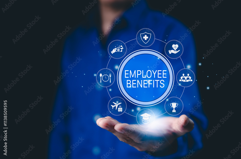 © Supatman - Employee Benefits and Compensation Strategy Concept. Icons representing employee benefits, including healthcare, insurance, vacation, financial perks, workplace incentives, and compensation strategy.