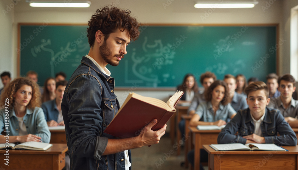 Young male teacher reading to attentive students in classroom.
Young male teacher reading to attentive students in classroom.