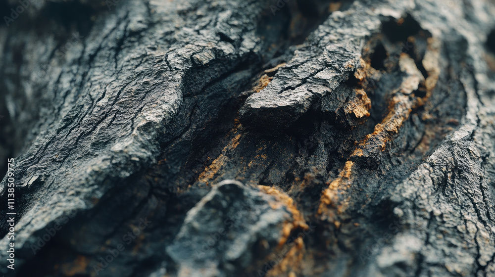 Close-up Detailed Texture of Dark Weathered Tree Bark with Golden Hues Close-up Detailed Texture of Dark Weathered Tree Bark with Golden Hues