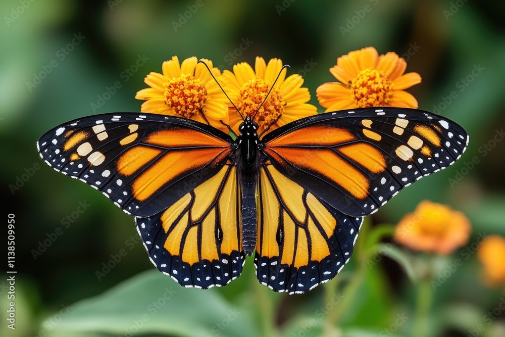 A monarch butterfly perched on a bright yellow flower, perfect for nature and wildlife themed designs A monarch butterfly perched on a bright yellow flower, perfect for nature and wildlife themed designs