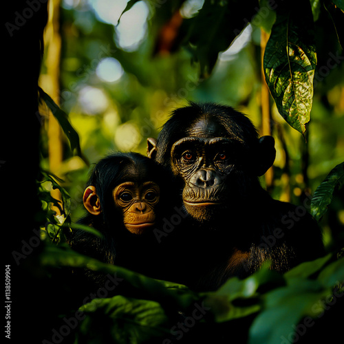 Bonobo with Baby, Also Known as the Pygmy Chimpanzee photo