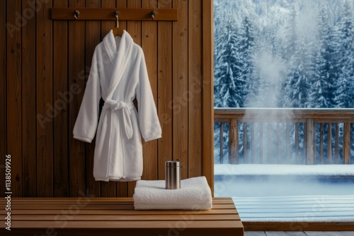 Serene Winter Spa Retreat: Cozy Robe and Hot Tub with Snowy Forest View for Ultimate Relaxation