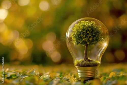 A unique scene featuring a light bulb with a small tree growing inside, possibly symbolizing growth or new beginnings