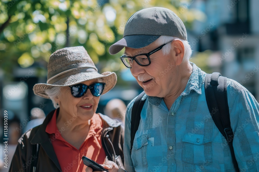 Fototapeta premium A joyful elderly couple smiles while sharing a moment together in nature.