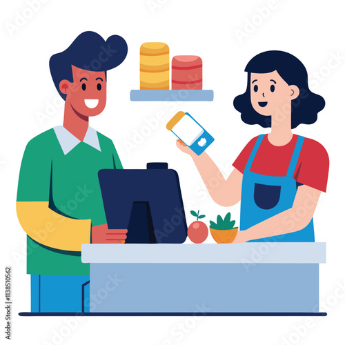 Man is paying the cash desk of supermarket