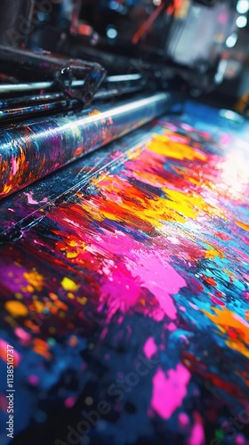 Vibrant Abstract Paint Rollers Creating Colorful Patterns in Printing Process with Bright Colors and Artistic Swirls on a Glossy Surface