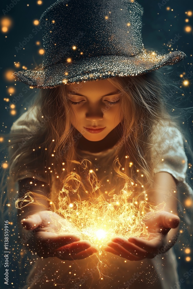 A girl holds a sparkling glow, focused on its beauty. A girl holds a sparkling glow, focused on its beauty.