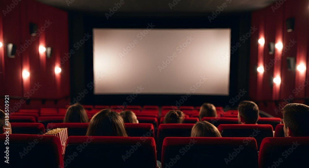Cinema blank wide screen and people in red chairs in the cinema hall. Blurred People silhouettes watching movie performance. Cinema blank wide screen and people in red chairs in the cinema hall. Blurred People silhouettes watching movie performance.