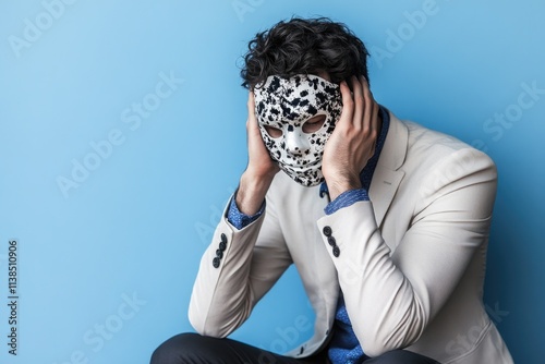 A person dressed in a white suit and wearing a black and white mask, suitable for various themes and scenes photo