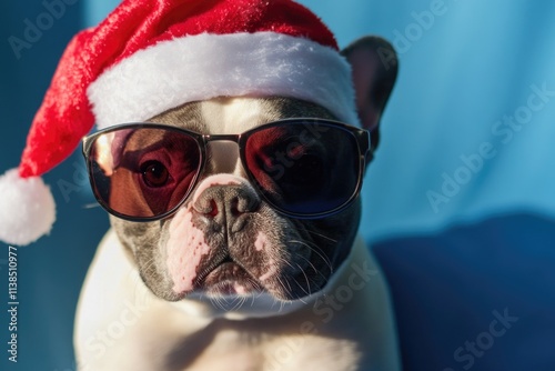 A playful dog wearing a Santa hat and sunglasses, perfect for holiday or winter themed images photo