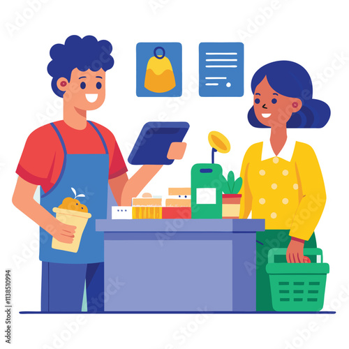 Man is paying the cash desk of supermarket