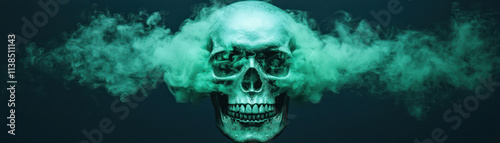 A haunting green skull surrounded by swirling mist, evoking mystery and intrigue.