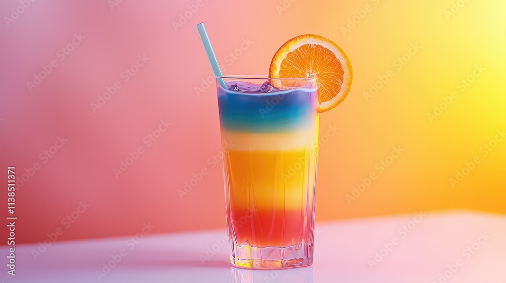 Vibrant Rainbow Cocktail in a Glass with Straw and Orange Slice Against a Colorful Background for Refreshing Summer Vibes and Party Celebrations Vibrant Rainbow Cocktail in a Glass with Straw and Orange Slice Against a Colorful Background for Refreshing Summer Vibes and Party Celebrations