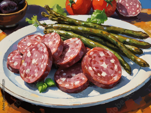 salami sausage and asparagus on a plate vector illstration