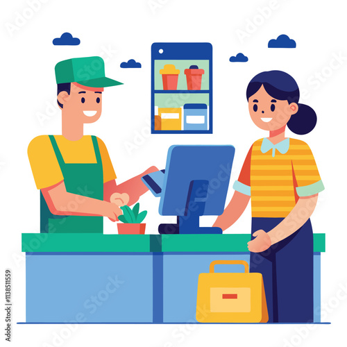 Man is paying the cash desk of supermarket