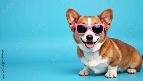 Happy corgi dog wearing pink sunglasses on blue background for fun and cheerful themes