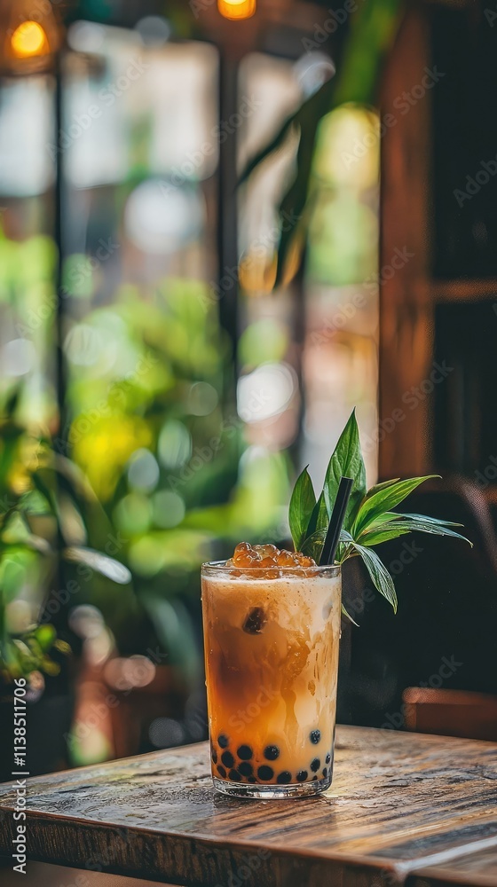 Refreshing Bubble Tea in a Cozy Cafe Setting with Lush Greenery and Soft Lighting Creating a Relaxing Atmosphere for Enjoying Beverages Refreshing Bubble Tea in a Cozy Cafe Setting with Lush Greenery and Soft Lighting Creating a Relaxing Atmosphere for Enjoying Beverages