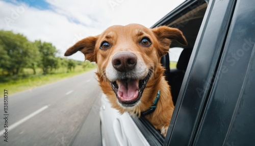 happy dog with head out of the car window having fun