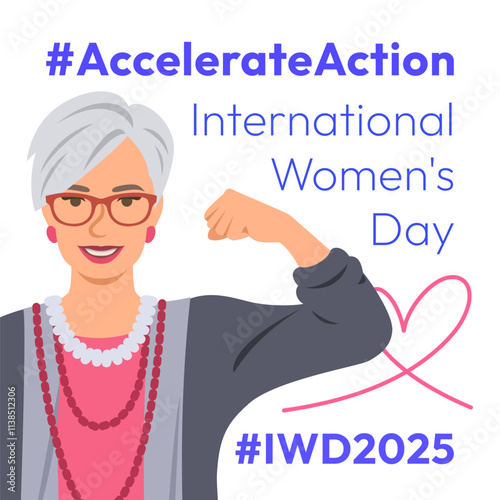 Accelerate Action campaign pose. International Women's Day 2025 theme. Mature woman demonstrates a strong arm to show solidarity and support for women's rights and gender equality. Square banner