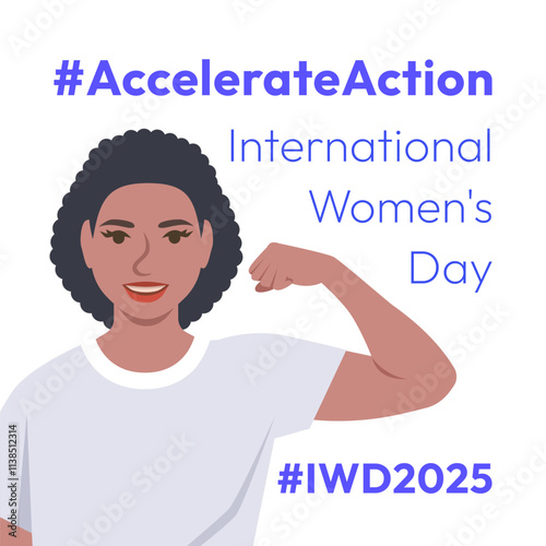 Accelerate Action campaign pose. International Women's Day 2025 theme. Black woman demonstrates a strong arm to show solidarity and support for women's rights and gender equality. Square banner