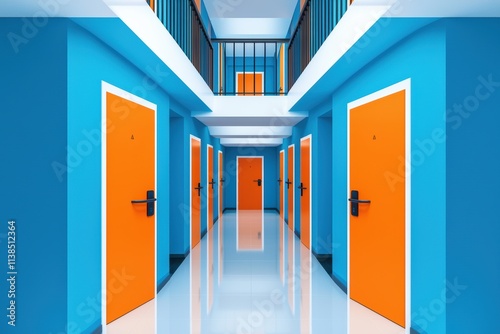 Symmetrical prison block with orange doors and clean blue walls symbolizing structure, security, and modern facility architecture