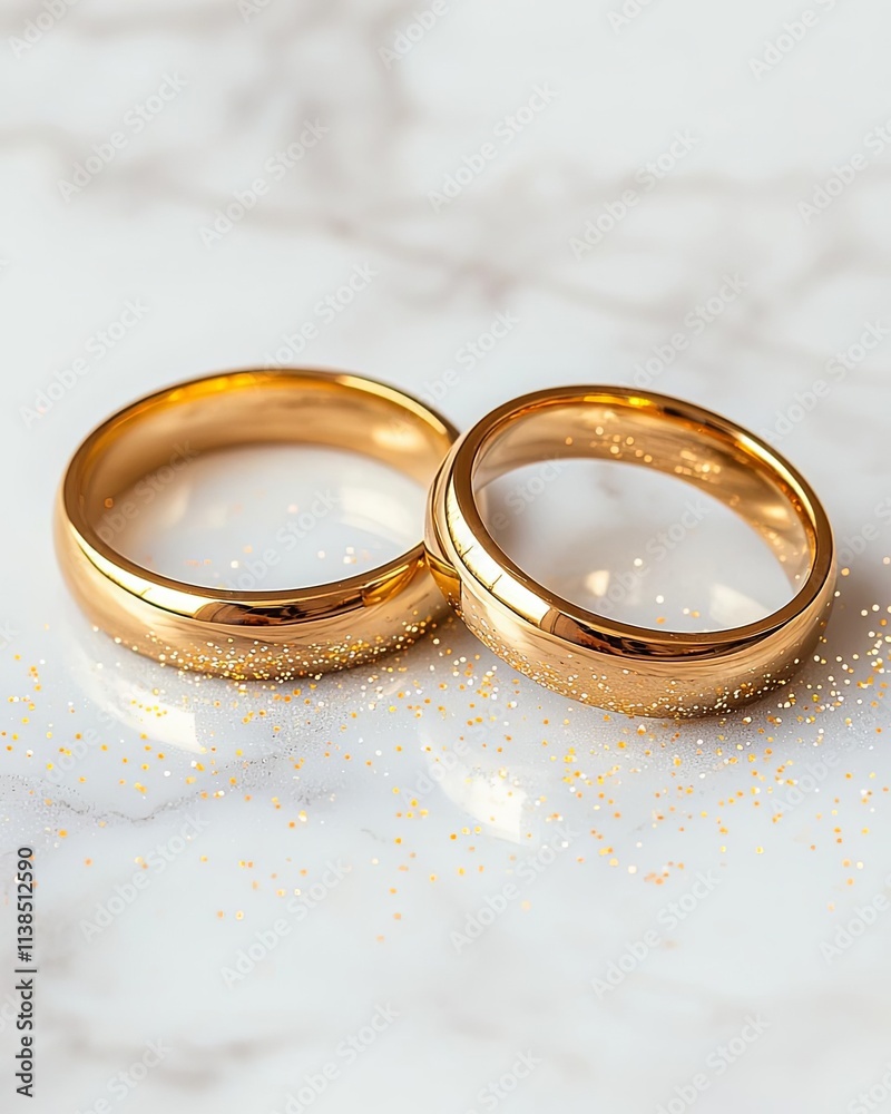 Elegant golden wedding rings symbolizing love and commitment on a marble backdrop. Elegant golden wedding rings symbolizing love and commitment on a marble backdrop.