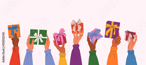 Different human hands holdings gift boxes. Holiday present surprise concept for birthday, Christmas, celebration and other anniversary. Hand drawn illustration for banner, card, web, advertising