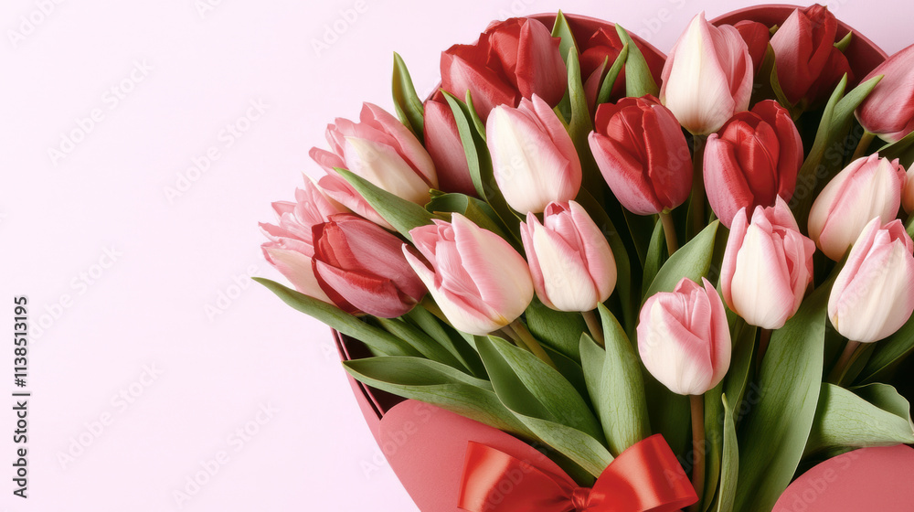 Elegant heart-shaped bouquet of red and pink tulips with ribbon on pastel background Elegant heart-shaped bouquet of red and pink tulips with ribbon on pastel background