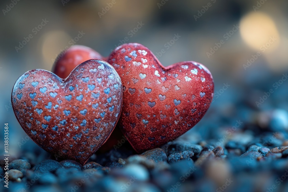 Obraz premium A pair of red hearts sitting on a pile of rugged rocks, symbolizing love and strength