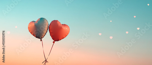 Two pastel heart balloons float gently against a serene sunset sky, creating a heartwarming, romantic scene. Perfect for Valentine's Day! photo