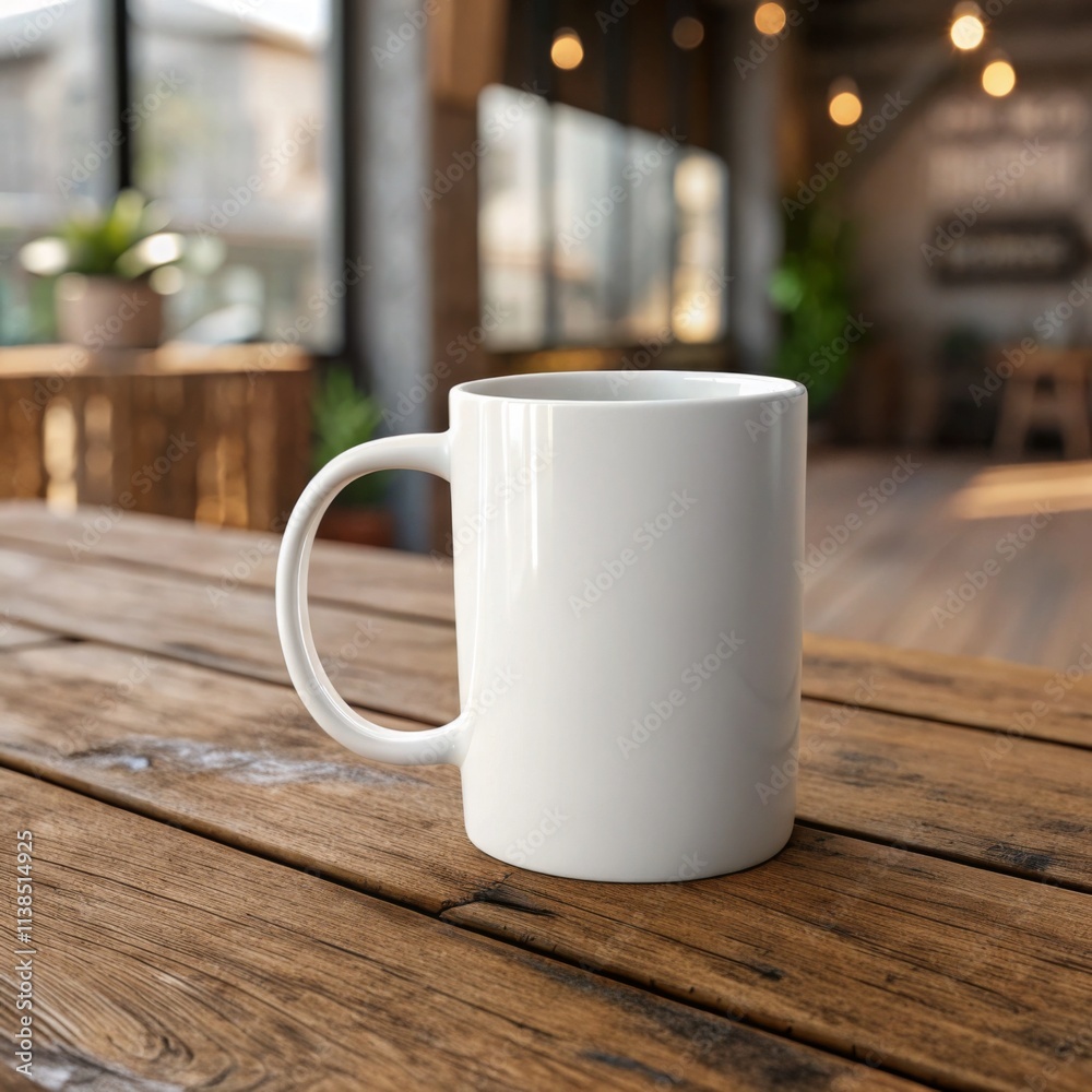 White Blank Coffee Mug Mockup on Rustic Wooden Table in Cozy Café White Blank Coffee Mug Mockup on Rustic Wooden Table in Cozy Café