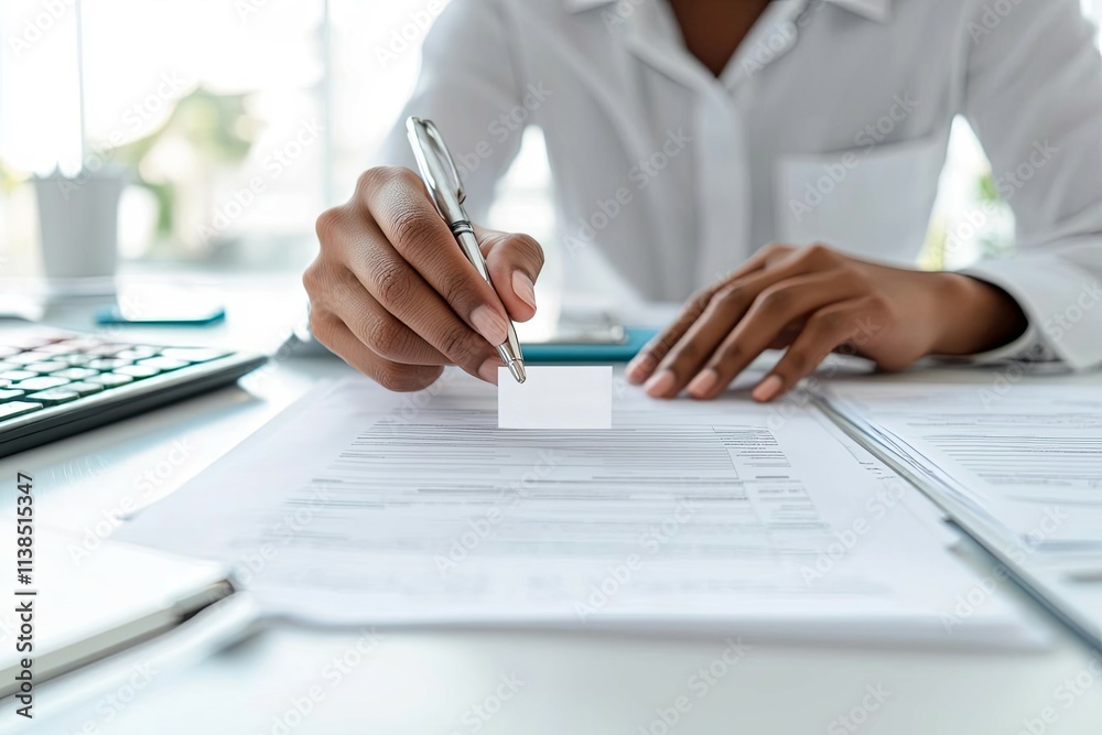 A professional hand signing documents in an office environment with a calculator. A professional hand signing documents in an office environment with a calculator.