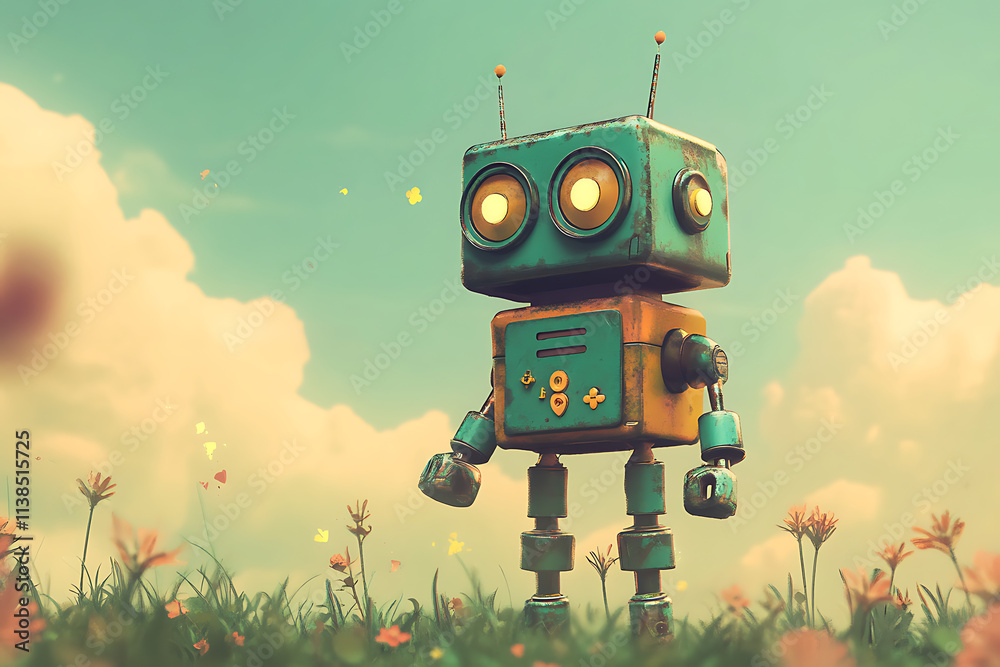 A whimsical robot stands in a field of flowers under a bright sky. A whimsical robot stands in a field of flowers under a bright sky.