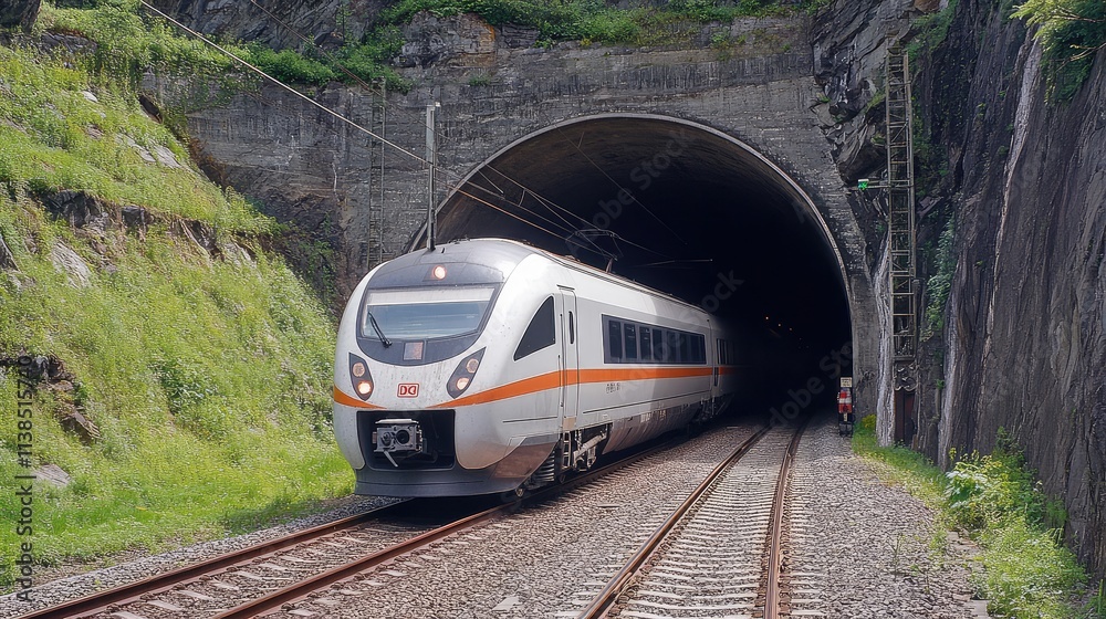 Naklejka premium A high-speed train emerging from a dark tunnel, with bright daylight ahead highlighting the contrast between the train and the shadowy tunnel entrance