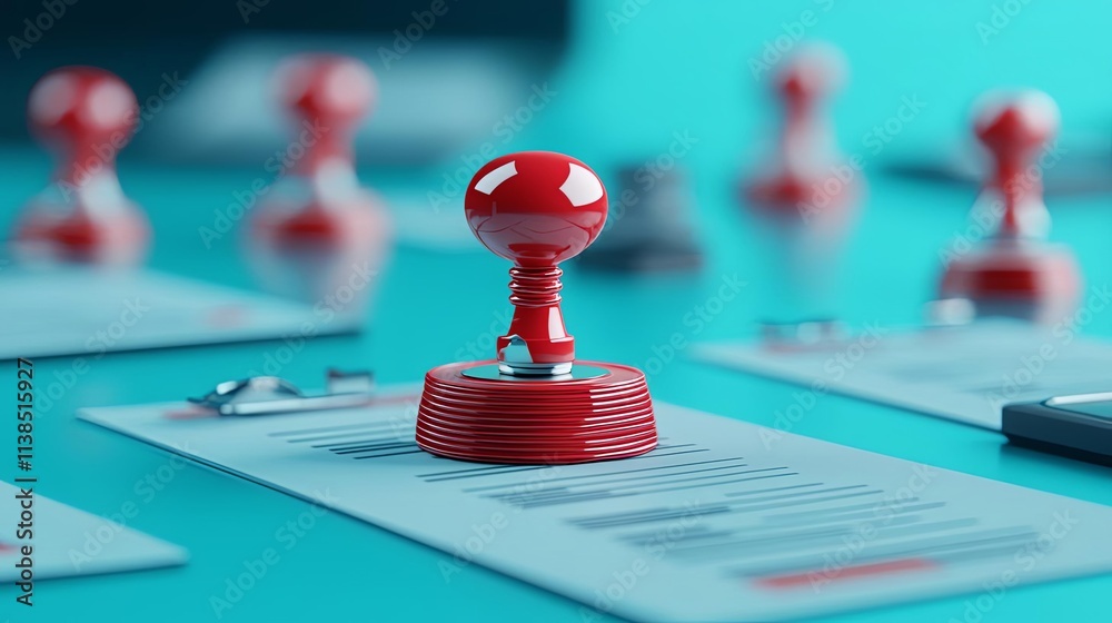 Close-up of a red stamp on documents, symbolizing approval and validation in business.