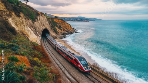 A high-speed train emerging from a tunnel on a coastal track, with the ocean and cliffs coming into view as the train moves into daylight